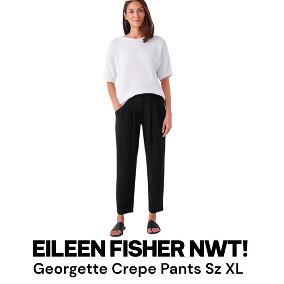 EILEEN FISHER NWT XL GEORGETTE Black 100% Silk Crepe Ankle Pants MSRP $268 - Picture 1 of 7